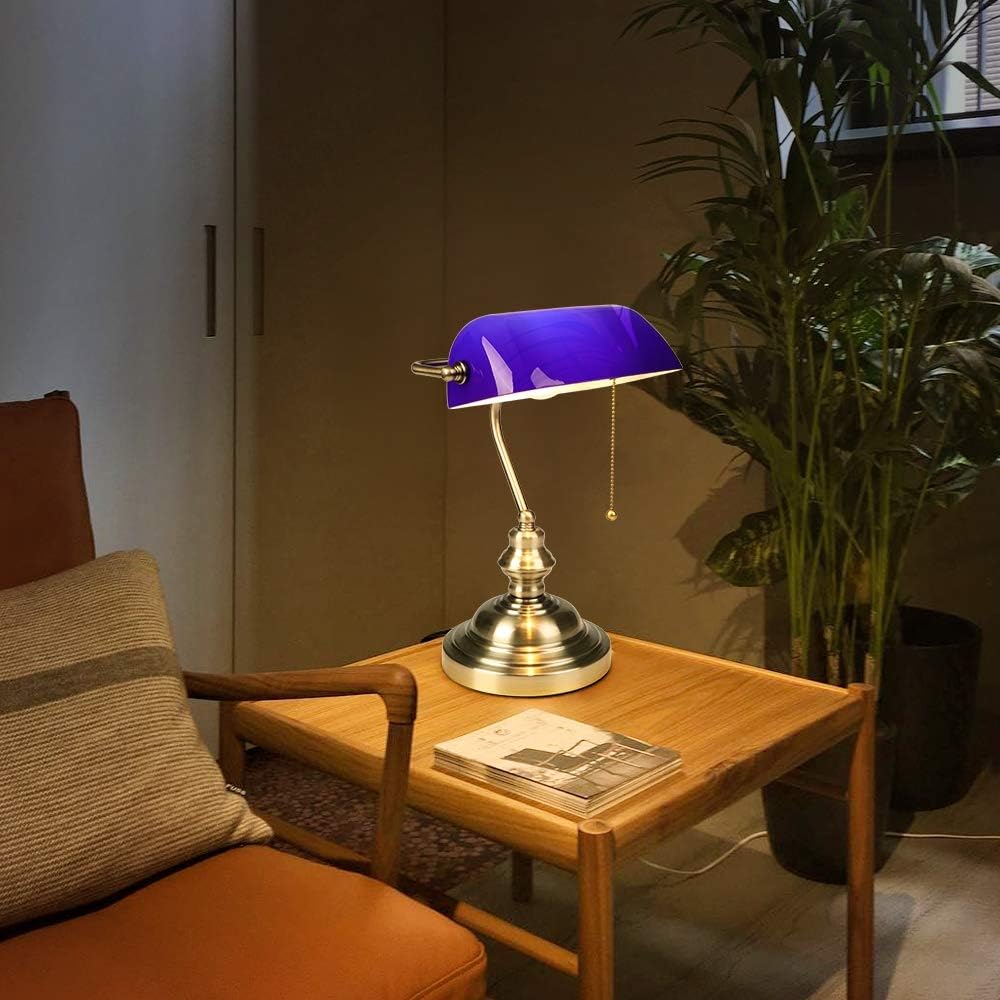 FIRVRE Lámpara de escritorio de cristal azul brillante ejecutiva lámpara de mesa base de acabado bronce con interruptor de cadena de tracción E26