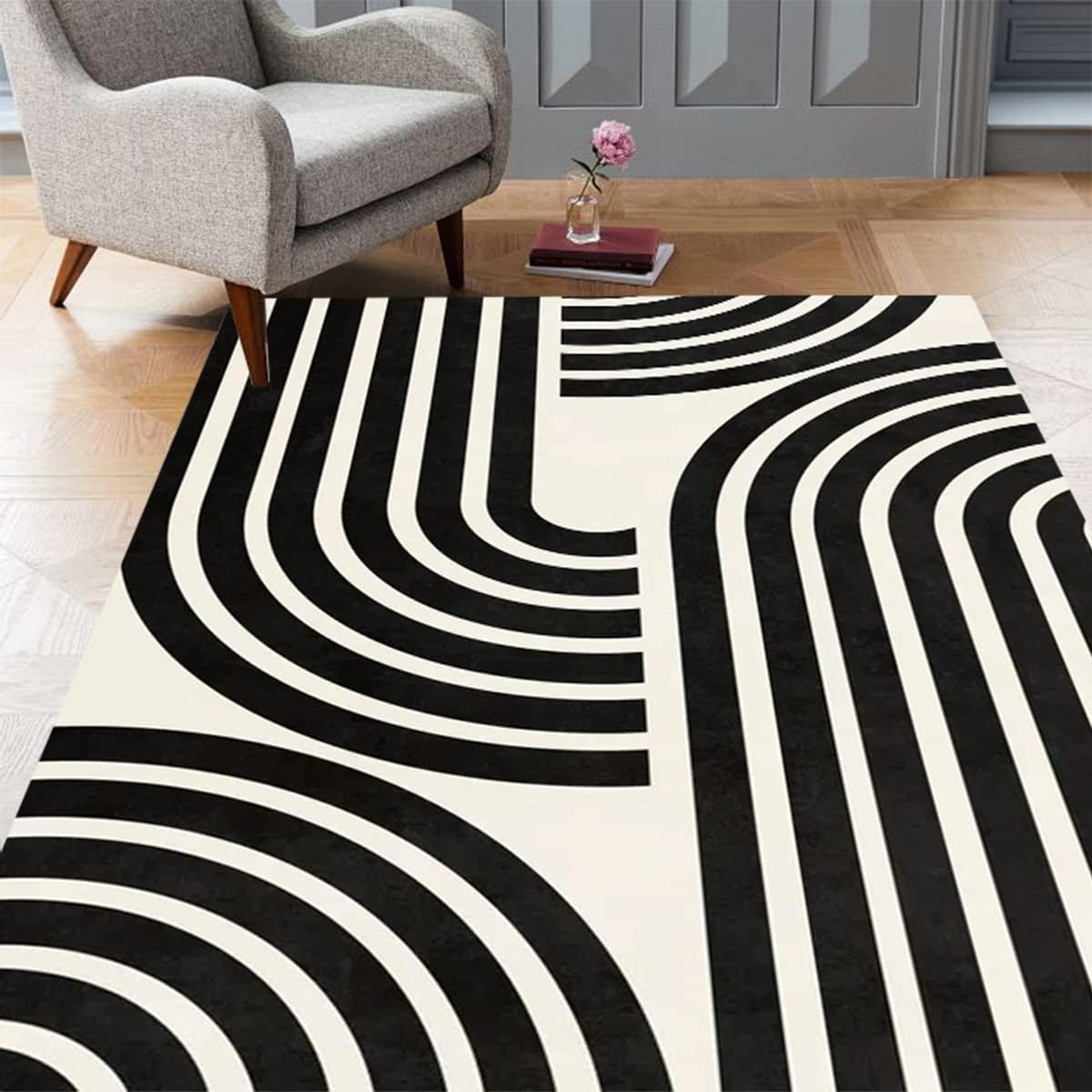 MeganJDesigns Alfombra moderna de patrón abstracto minimalista en blanco y negro de 6 x 8 pulgadas, lavable de lana suave para sala de estar,