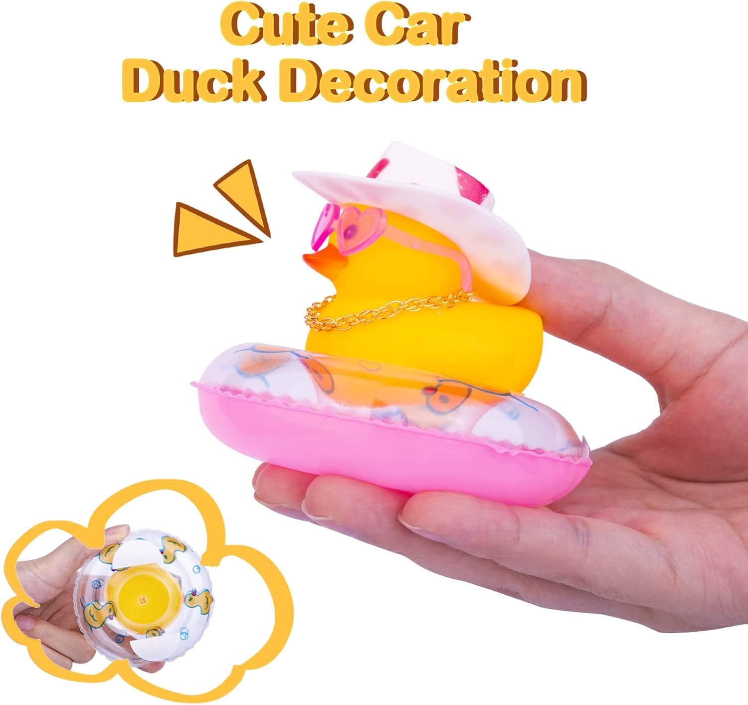 Adornos de pato amarillo para automóvil, decoración de tablero de automóvil con gafas de amor, mini anillo de natación, sombrero de sol, collar para