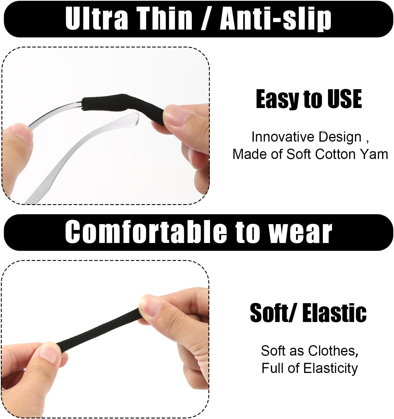 4 pares de puntas de patillas para gafas, antideslizantes, almohadillas de punto suave para lentes de sol, lentes de lectura (negro, gris, marrón +