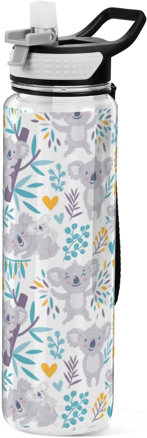 Botella de agua deportiva de 32 onzas con diseño de osos koala y flores, a prueba de fugas, con tapa de pajilla, reutilizable, transparente, sin