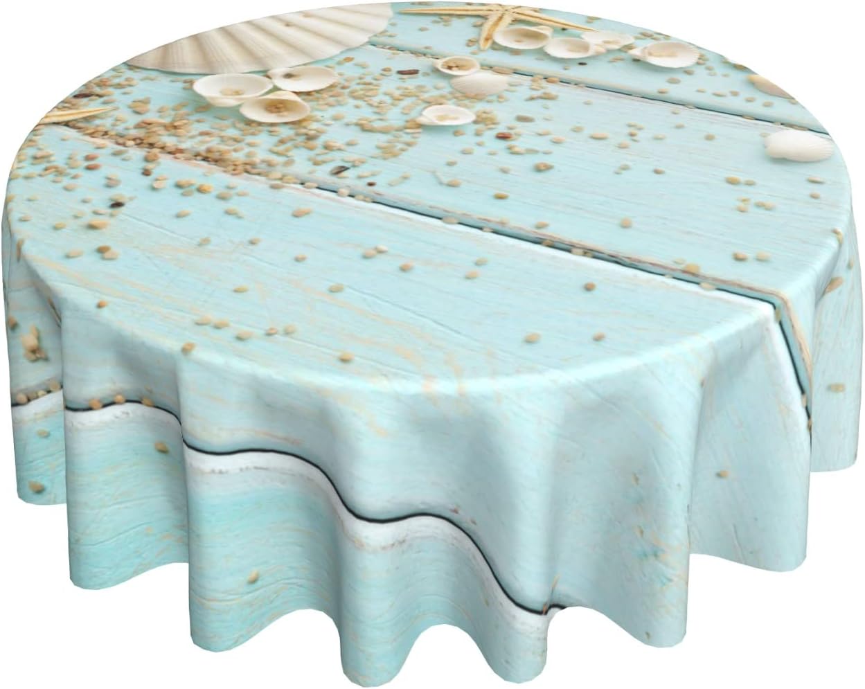 Giwawa Mantel redondo de conchas marinas, diseño de estrella de mar sobre tablero de madera azul, diseño de playa costera, 60 pulgadas, para