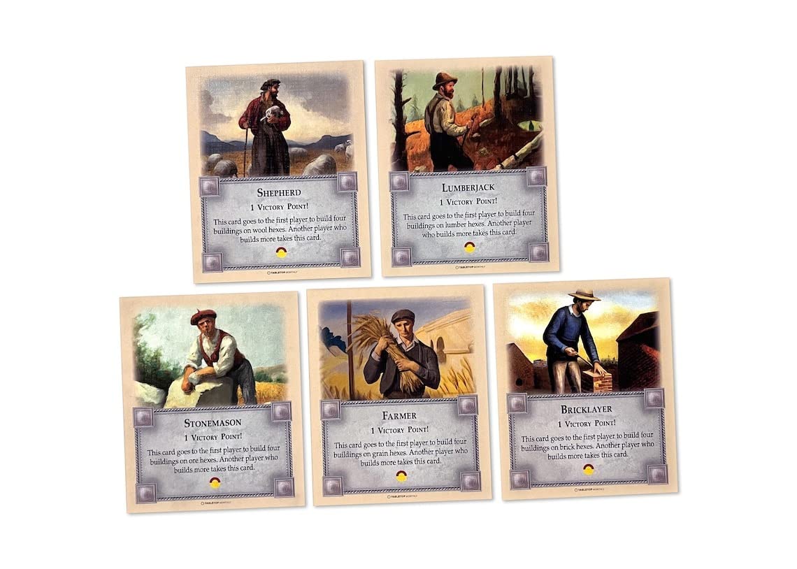 Professions Victory Point Cards, Bricklayer, Stonemason, Farmer, Shepherd, Lumberjack, compatible with Catan’s Settlers of Catan 5th Edition,