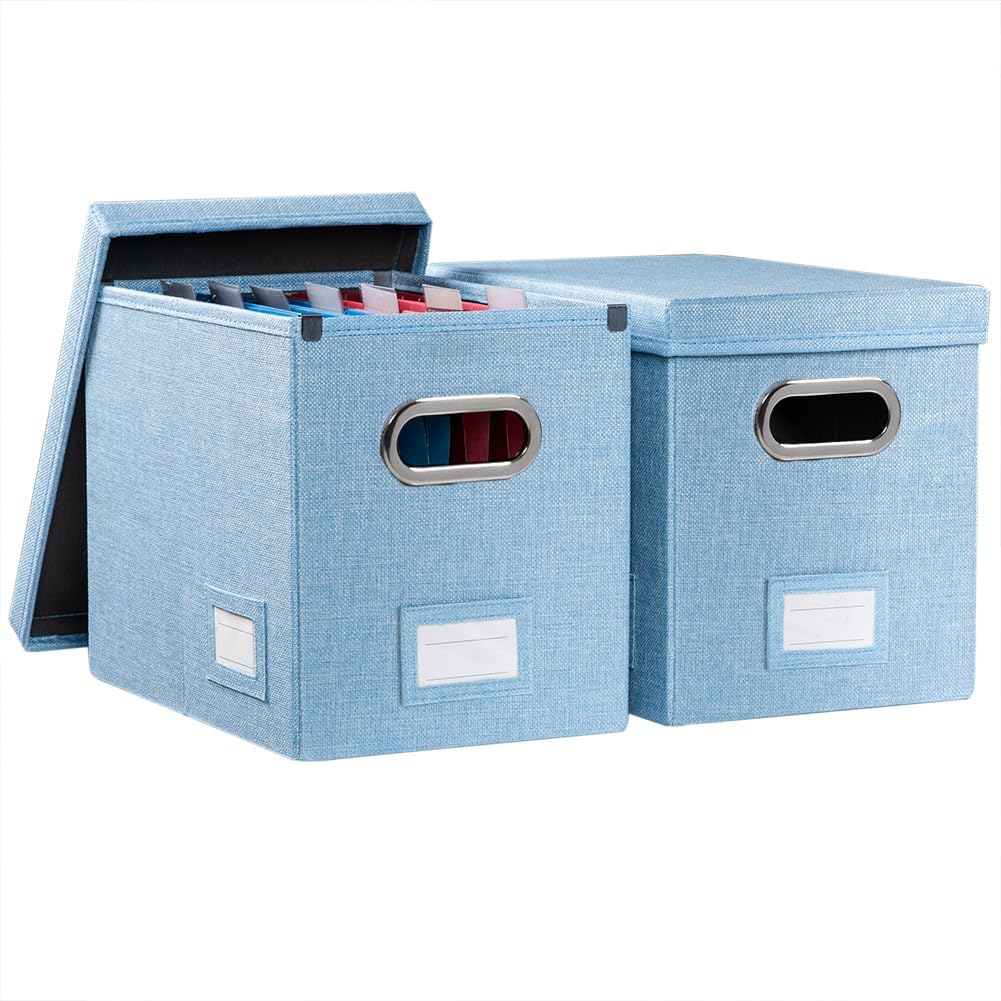 PRANDOM Caja organizadora de archivos, juego de 2 carpetas plegables decorativas de lino para almacenamiento de archivos colgantes con tapas,