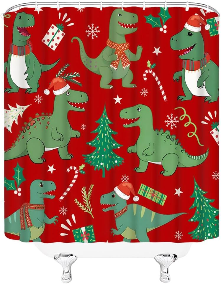 Cortina de ducha de dinosaurio de Navidad, sombrero de Navidad, árbol de abeto, vacaciones de invierno, Año Nuevo, lindo animal de dibujos animados