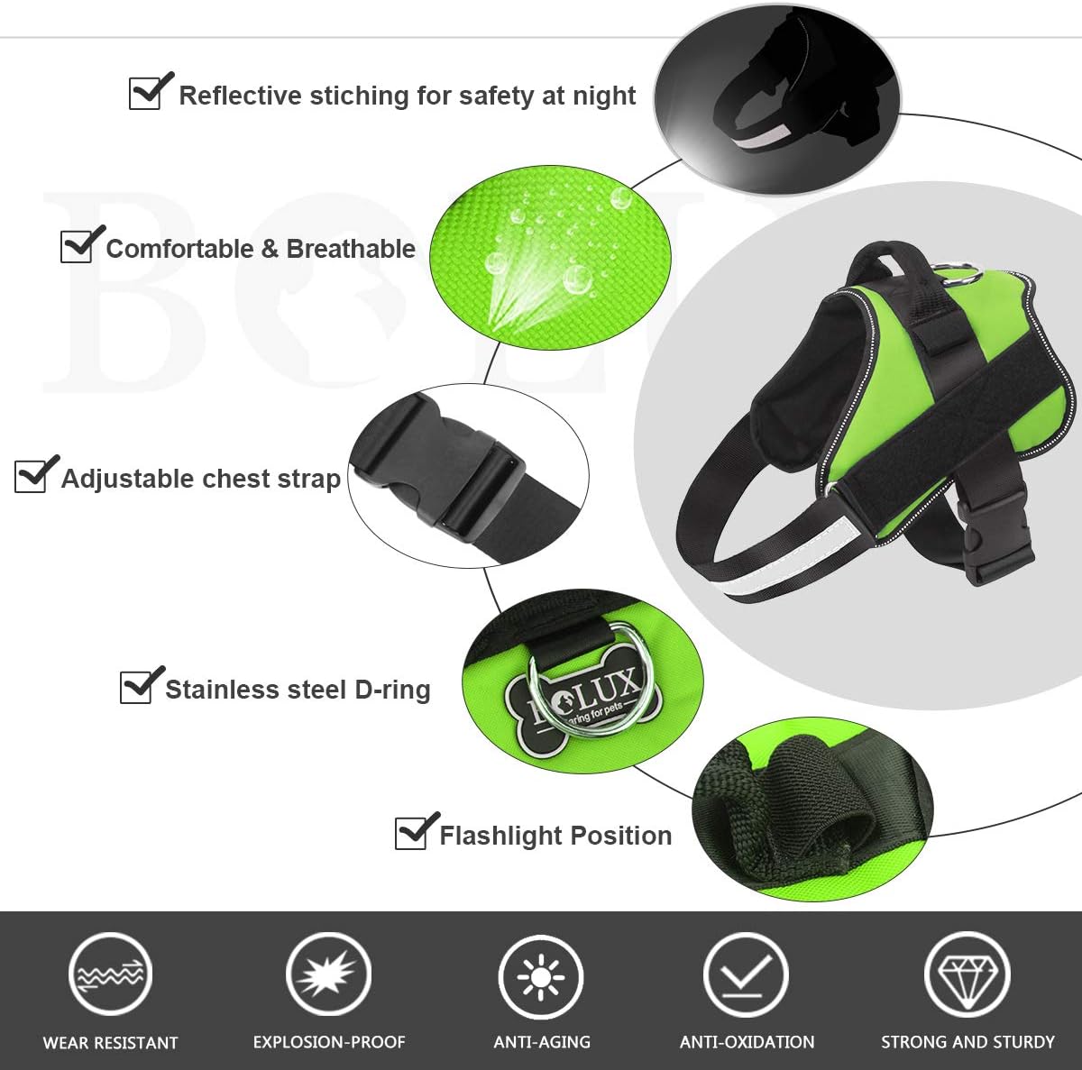 Bolux – Arnés para perro, reflejante y transpirable, ajustable, con asa, para sacarlo a pasear, no más tirones ni asfixia (verde, tamaño XG)