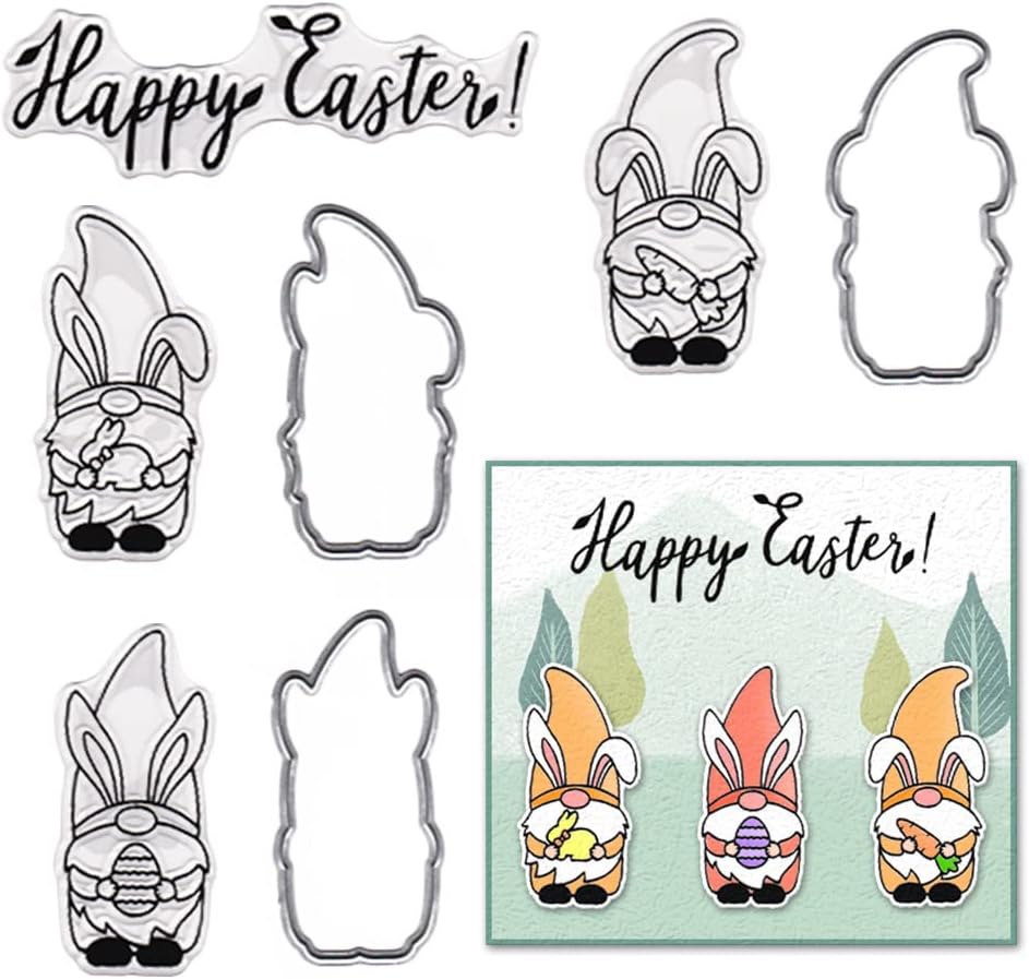 Gnomos de conejo de Pascua, sellos transparentes y troqueles para hacer tarjetas, palabras de Pascua, sellos de goma para conejos, zanahorias,