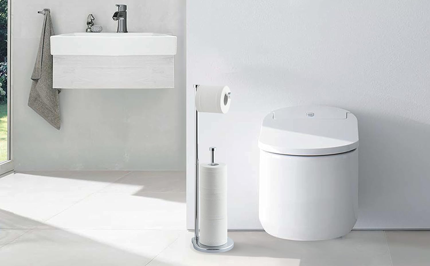 SunnyPoint Soporte de papel higiénico de baño independiente con reserva, el área de reserva tiene suficiente espacio para rollo jumbo (cromado)