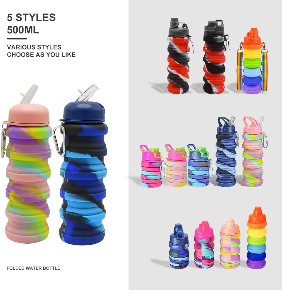 Paquete de 2 botellas de agua plegables de silicona, a prueba de fugas, portátiles de 16 onzas, expandibles, vasos deportivos con popote, sin BPA,
