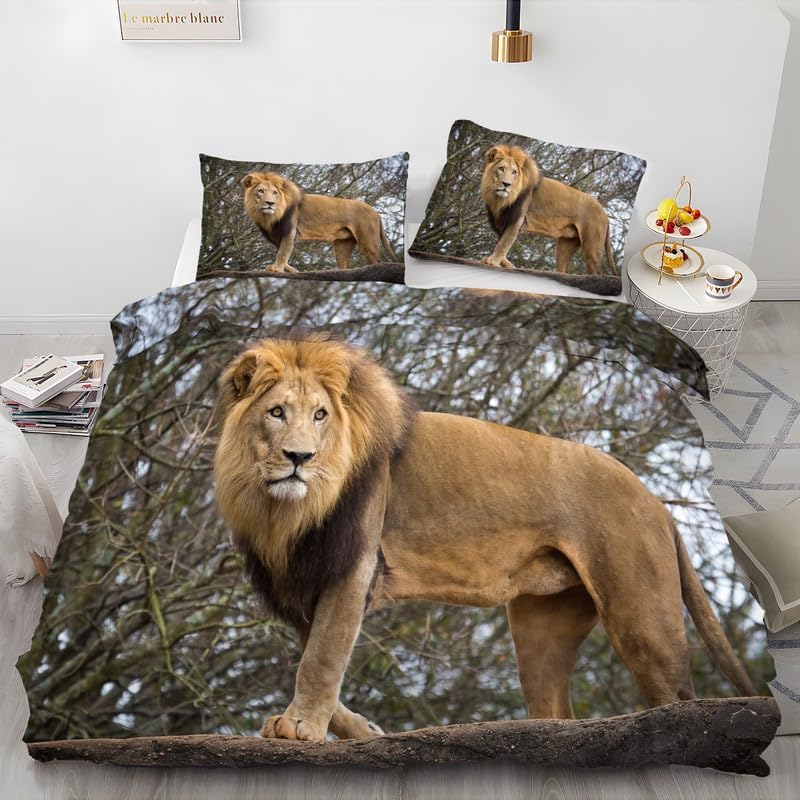 Light Brown Lion California King Duvet Cover Animal Print Bedding Soft Microfiber Comforter Cover and 2 Pillow Shams 20″X36″, Bed Set Duvet Covers