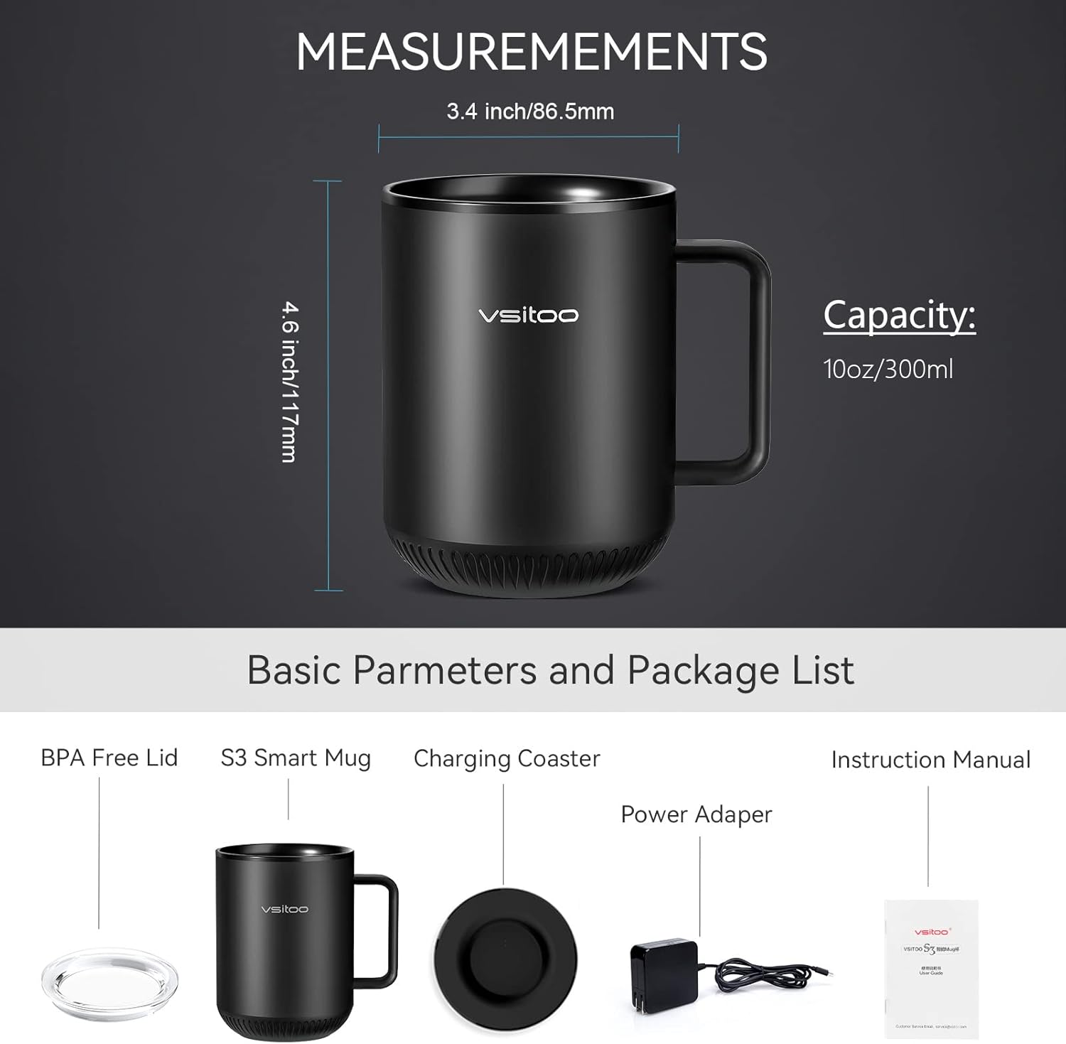 vsitoo S3 – Taza inteligente con control de temperatura 2 con tapa, taza de café autocalentable de 10 onzas, pantalla LED, duración de la batería de