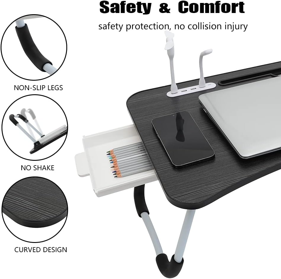 Eternal Wings Escritorio de cama para laptop, mesa plegable portátil con puerto de carga USB, soporte para tazas, cajón de almacenamiento, para