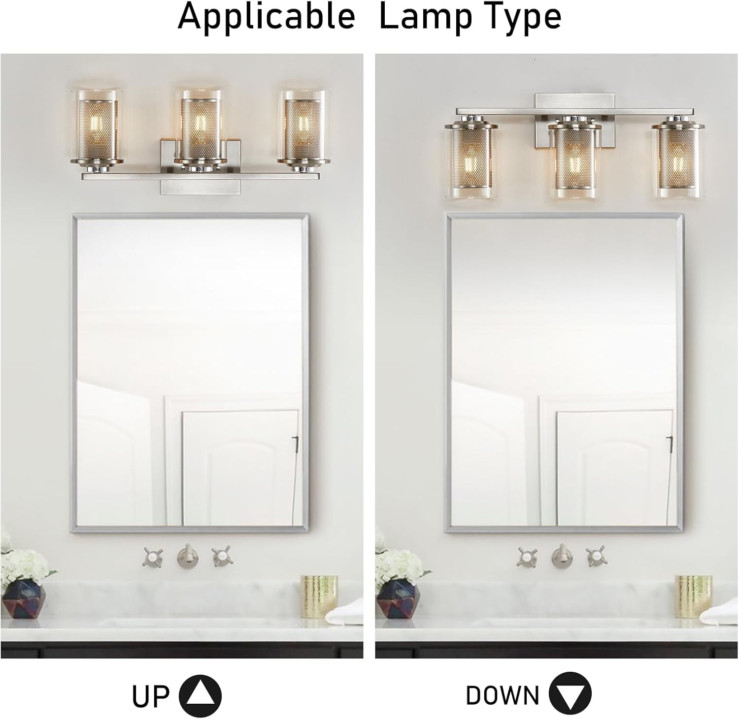 Szleomay Luces de tocador de 3 luces, lámparas de baño de níquel cepillado con pantalla de vidrio transparente y malla de metal, luces de baño