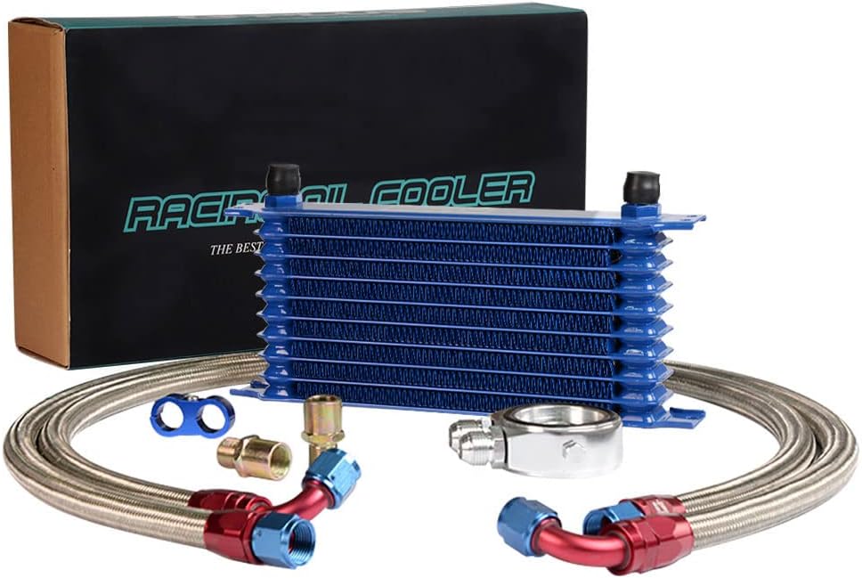 PIT66 Enfriador de aceite universal de transmisión de motor AN10 compatible con modelo japonés azul de 10 filas de aluminio con filtro de