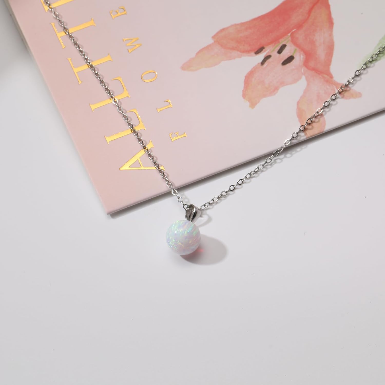 Sterling Silver Opal Necklace for Women Dainty 10mm Round White Opal Necklaces Handmade Opal Jewelry for Women