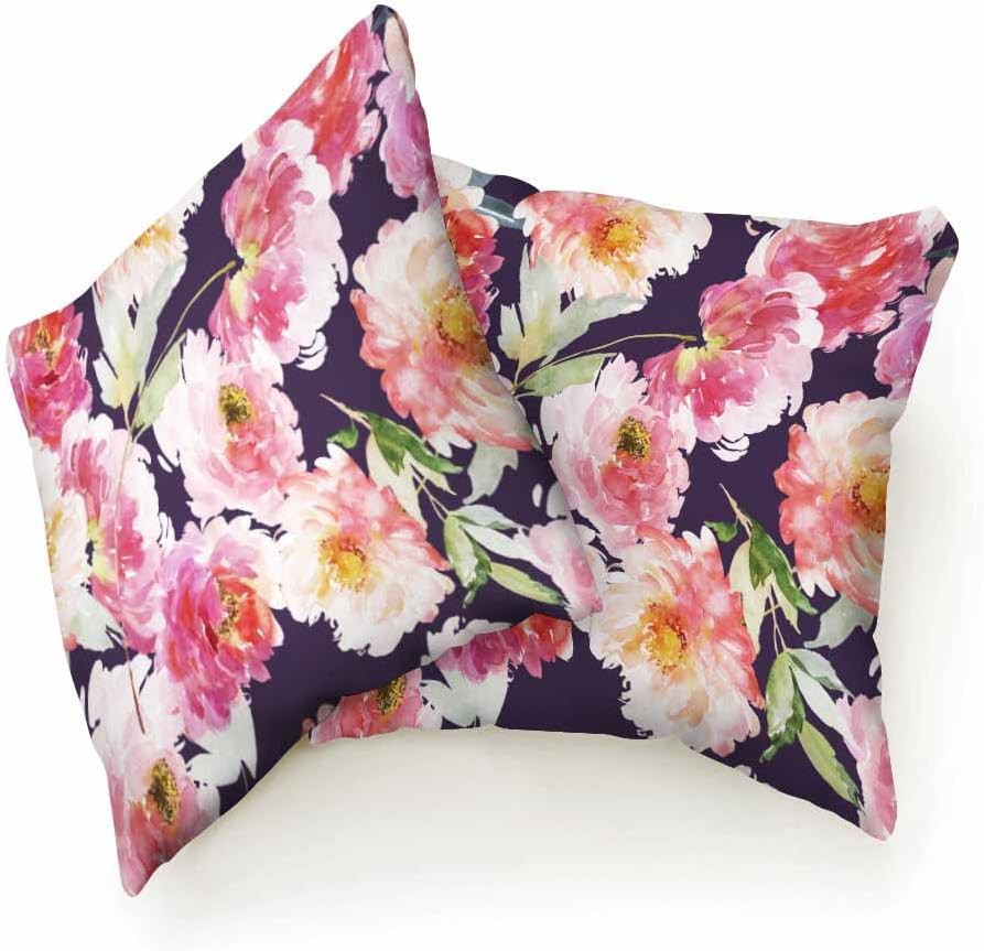 Beabes Juego de 2 fundas de cojín con flores de peonía rosa con hojas verdes en acuarela, fundas de almohada decorativas suaves y modernas de doble