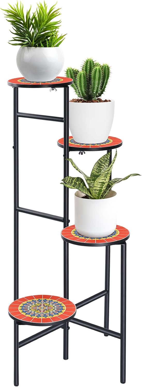 THE NEXT GARDENER.COM Soporte para plantas de interior de 4 niveles, estante esquinero para flores al aire libre con mesa de azulejos de cerámica de