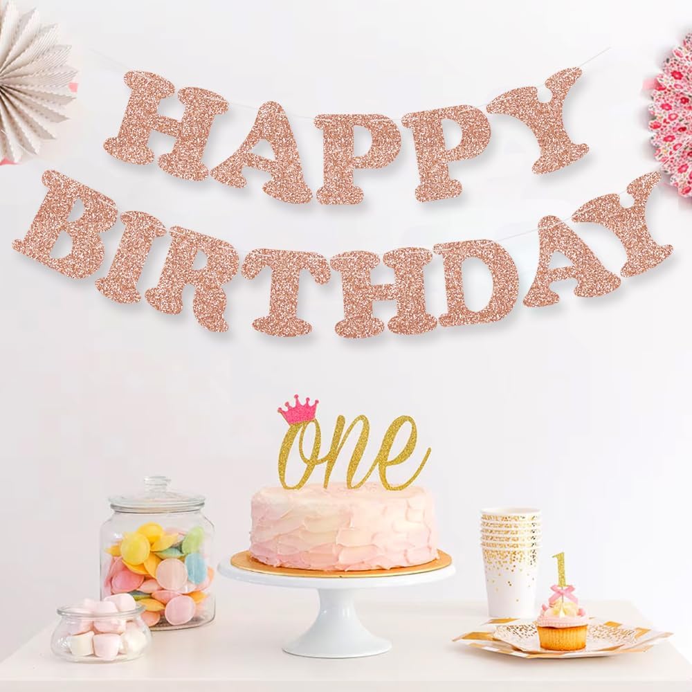 Cartel de feliz cumpleaños de oro rosa  NO DIY  Cartel de fiesta de cumpleaños con purpurina de oro rosa  Pre-encordado  Guirnalda de cumpleaños de