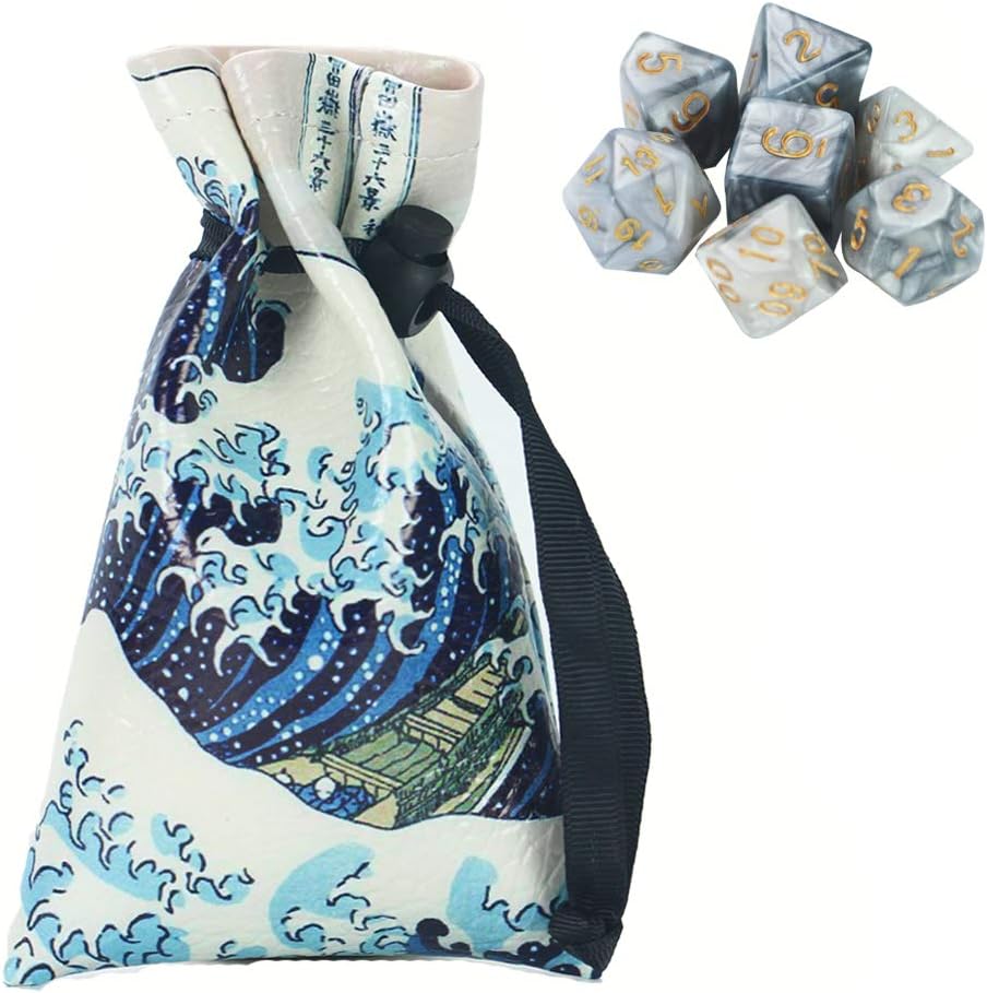QIELIZI DND Bolsa para dados, PU Cuero funda para dados de dragón, con set de 7 dados, perfecto para calabozos y dragones RPG D&D dados, monedas y
