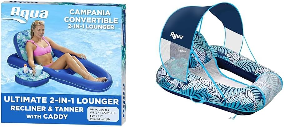 Aqua Campania Ultimate – Tumbona de piscina 2 en 1 con respaldo ajustable y carrito + nueva silla de piscina Aqua Zero Gravity Flotador con toldo