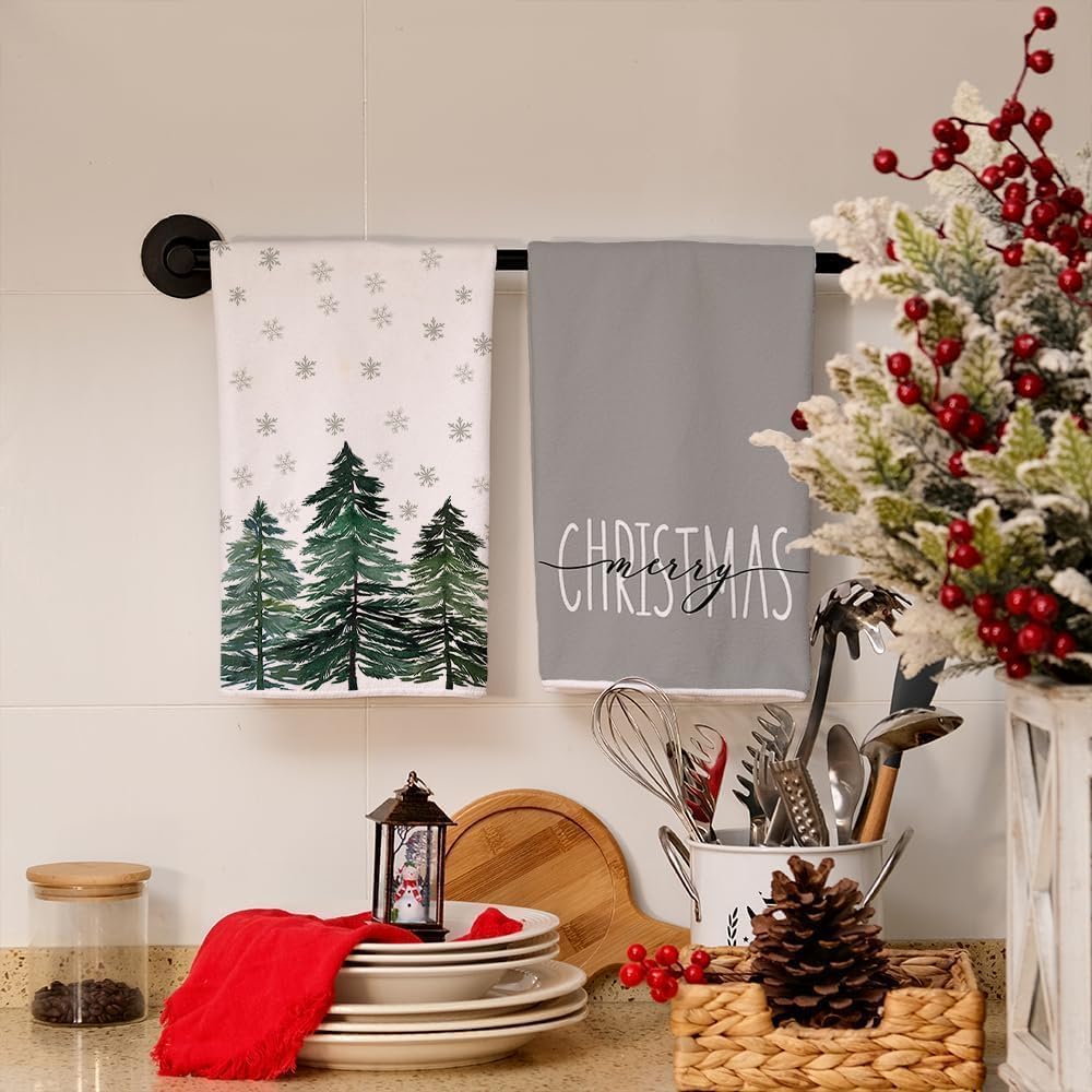 ARKENY AD016 – Juego de 2 paños de cocina para decoración de Navidad, color verde, árbol de Navidad, 18 x 26 pulgadas, diseño de copos de nieve,