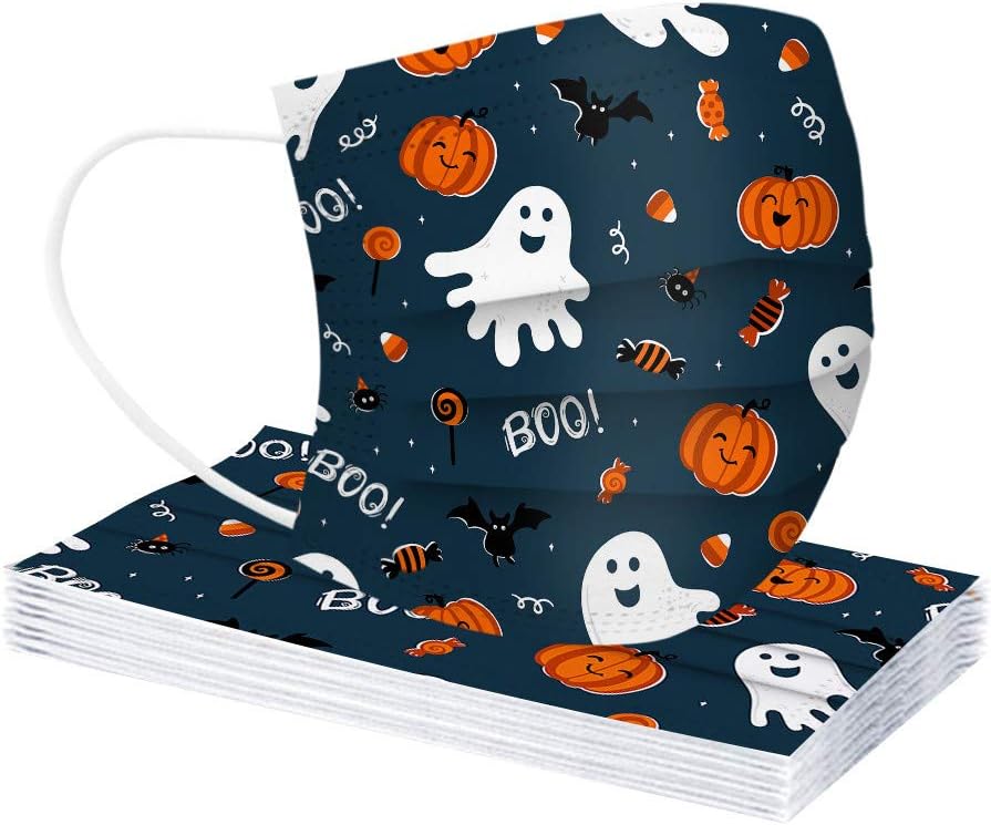 Paquete de 50 mascarillas desechables de Halloween para adultos con estampado de calabaza, 3 capas transpirables de Halloween para mujeres y hombres
