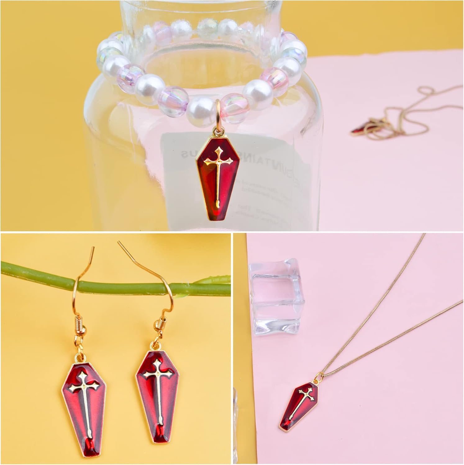 Aylifu 20 dijes de cruz esmaltada roja con diseño de ataúd con cruz para manualidades, pulseras, collares, joyería, decoración de fiesta, Esmalte