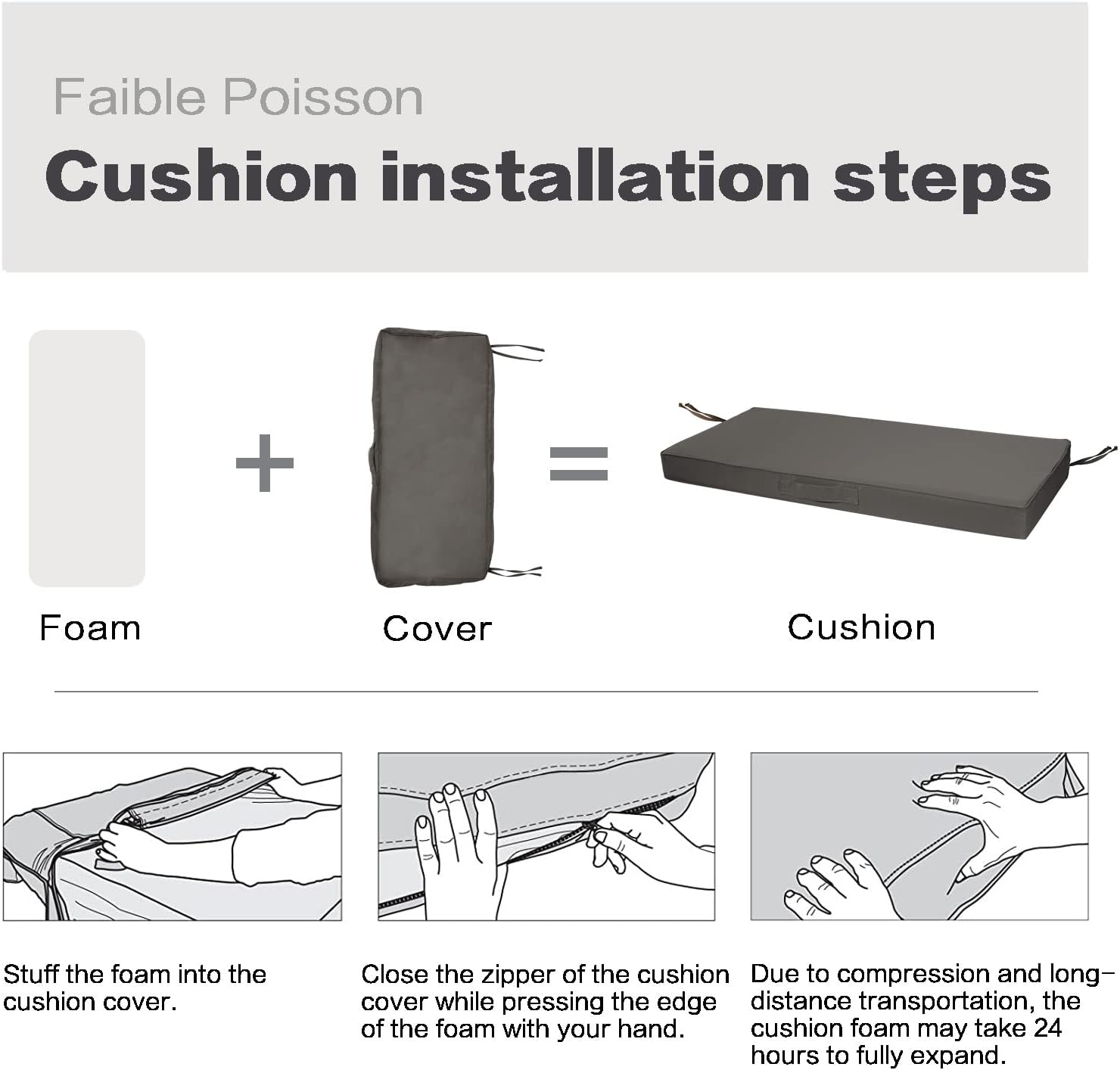 Faible Poisson Cojín de banco para exteriores, 48 x 18 pulgadas, impermeable, para columpios, muebles de jardín, patio, con asa y correas