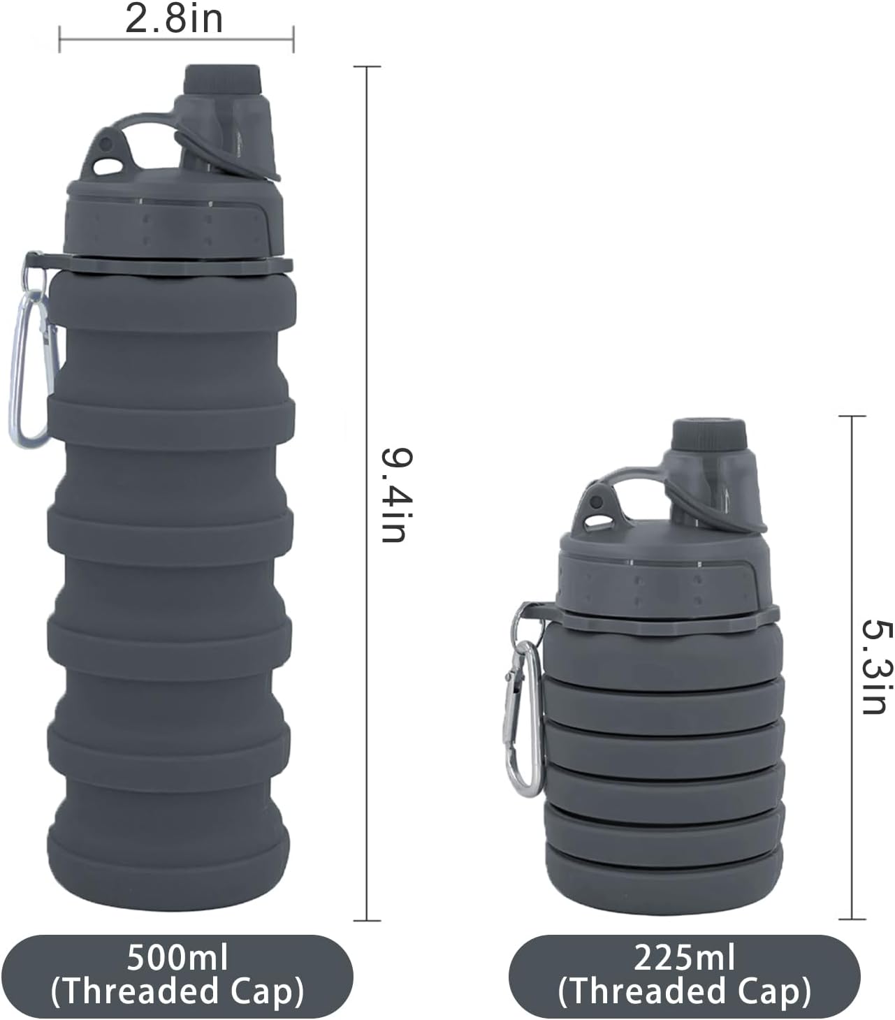 Botellas de agua plegables, paquete de dos botellas de agua portátiles para deportes de viaje, vienen con hebilla de montañismo de 16.9 fl oz,