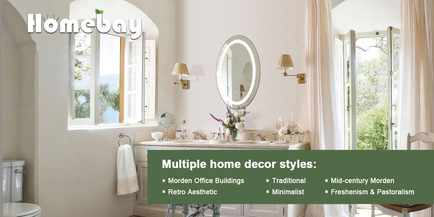 Homebay Espejo de tocador LED de baño de 31.5 x 23.6 pulgadas, luz frontal regulable, espejo de maquillaje ovalado antiempañamiento, 3 colores