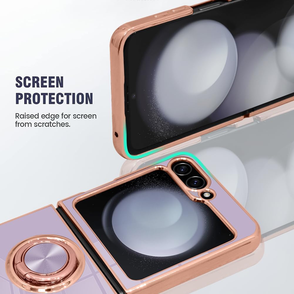 SAKUULO Funda para Samsung Galaxy Z Flip 5 con soporte de anillo magnético de rotación de 360, chapado brillante, borde dorado, suave, delgado, a
