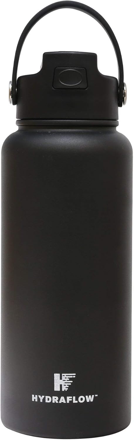 Hydraflow Hybrid – Botella de agua de triple pared aislada al vacío con pajilla abatible (34 onzas, negro polvo), termo de metal de acero