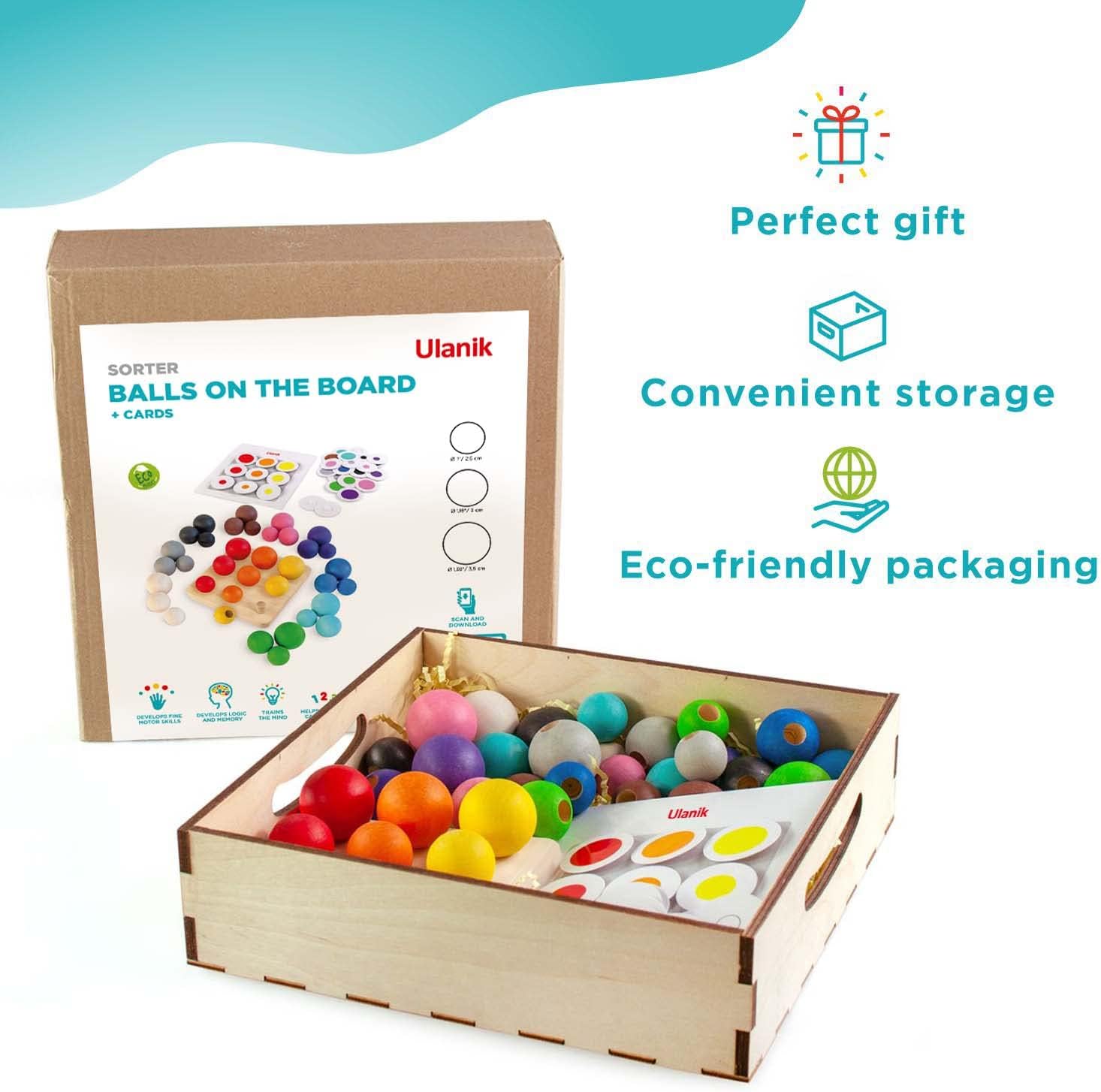 Ulanik Bolas a bordo Montessori Juguetes para niños de 3 años + Juego clasificador de clavijas de madera para aprender clasificación de colores y