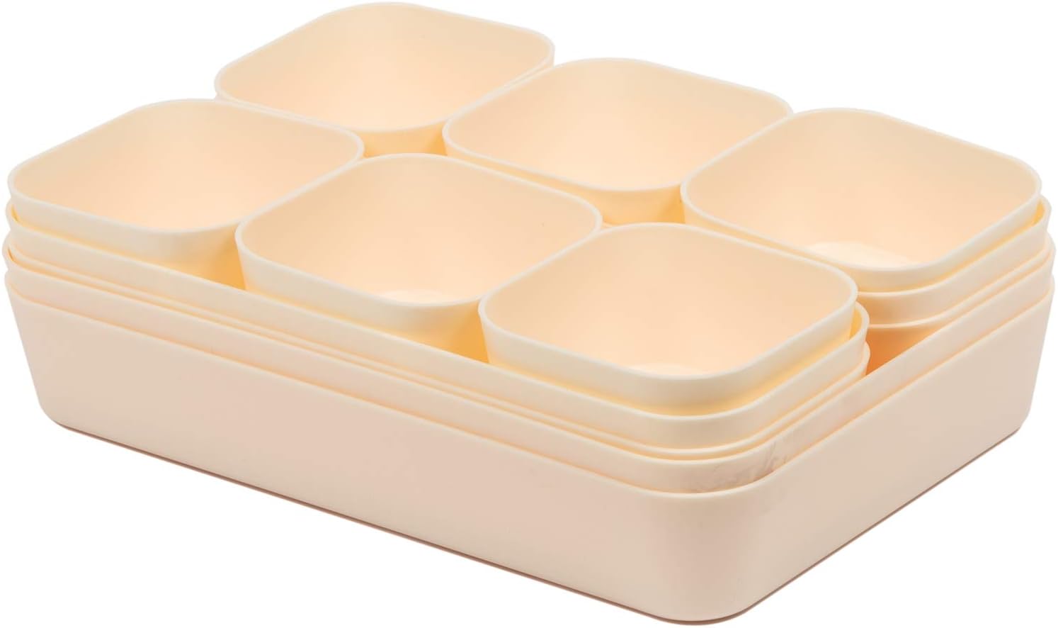 Backerysupply Juego de 12 organizadores de cajones de escritorio de plástico de color beige para maquillaje, baño, oficina, cocina, cajón, caja de
