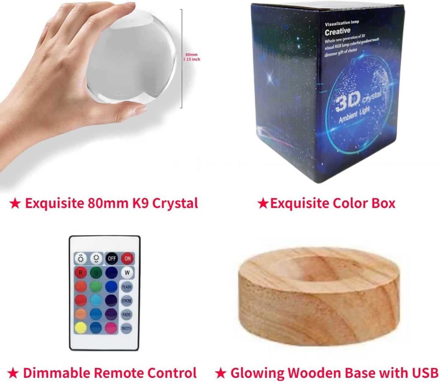 Lámpara de noche de elefante 3D para niños con base LED de madera, bola de cristal de 3.15 pulgadas, luz nocturna de 16 colores cambiantes con
