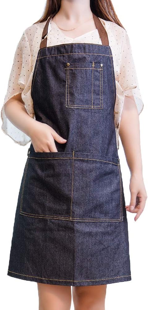 Delantal de mezclilla unisex ajustable con múltiples bolsillos para chef cocina, barbacoa y estudio