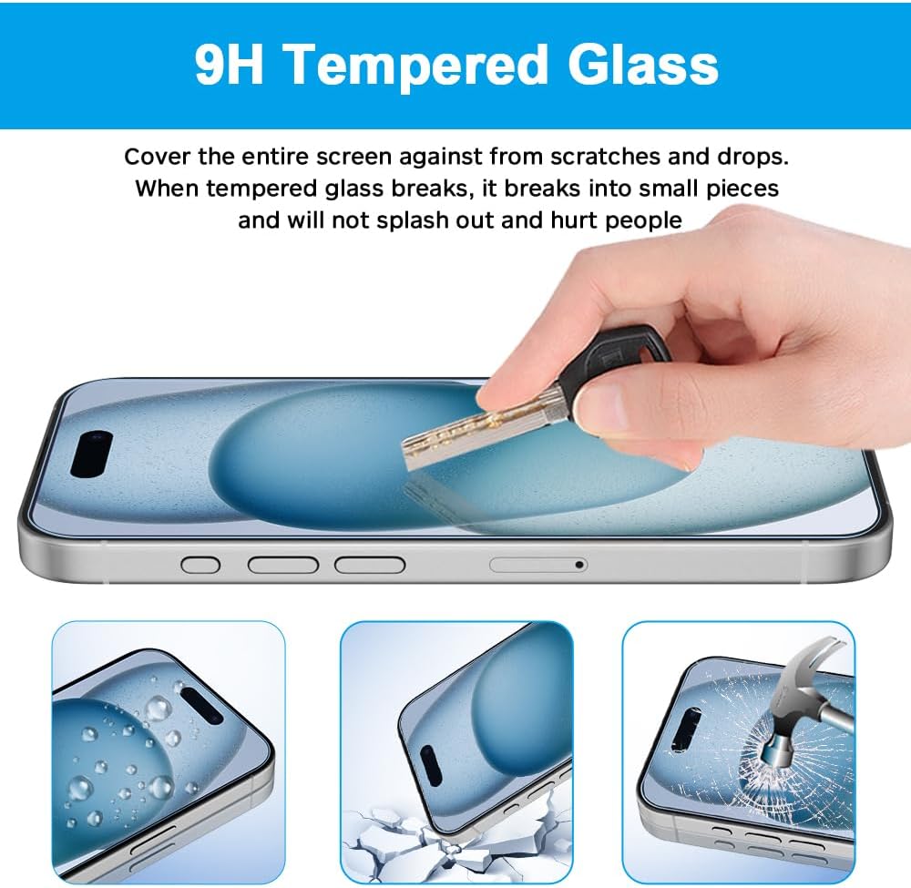 Protector de pantalla para iPhone 15 ProiPhone 15, bloqueo de luz azul, vidrio templado de dureza 9H antiluz azul, paquete de 2