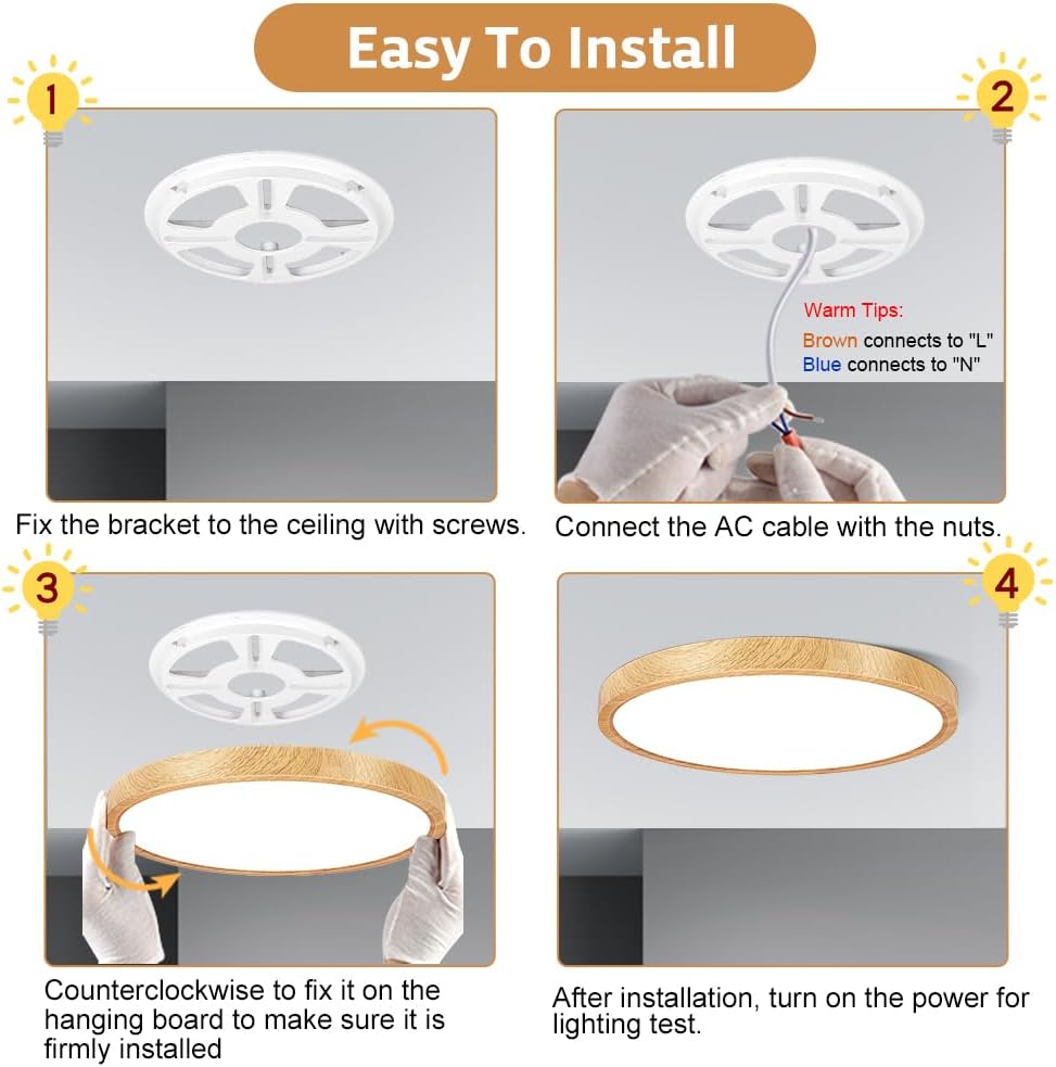 Lámpara de techo LED de grano de madera amarilla de 12 pulgadas, montaje empotrado, alfombrilla de ABS, luz blanca de día de 5000 K, accesorios de