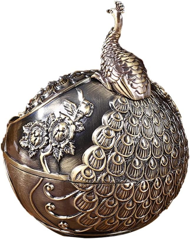 Willcome Cenicero vintage de pavo real con tapa, cenicero de metal resistente al viento, cenicero de escritorio para decoración del hogar y la