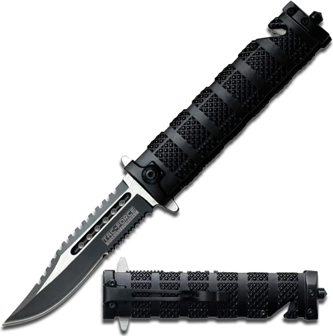 TAC FORCE Black Spring Asised Open Sawback Bowie – Cuchillo táctico de bolsillo