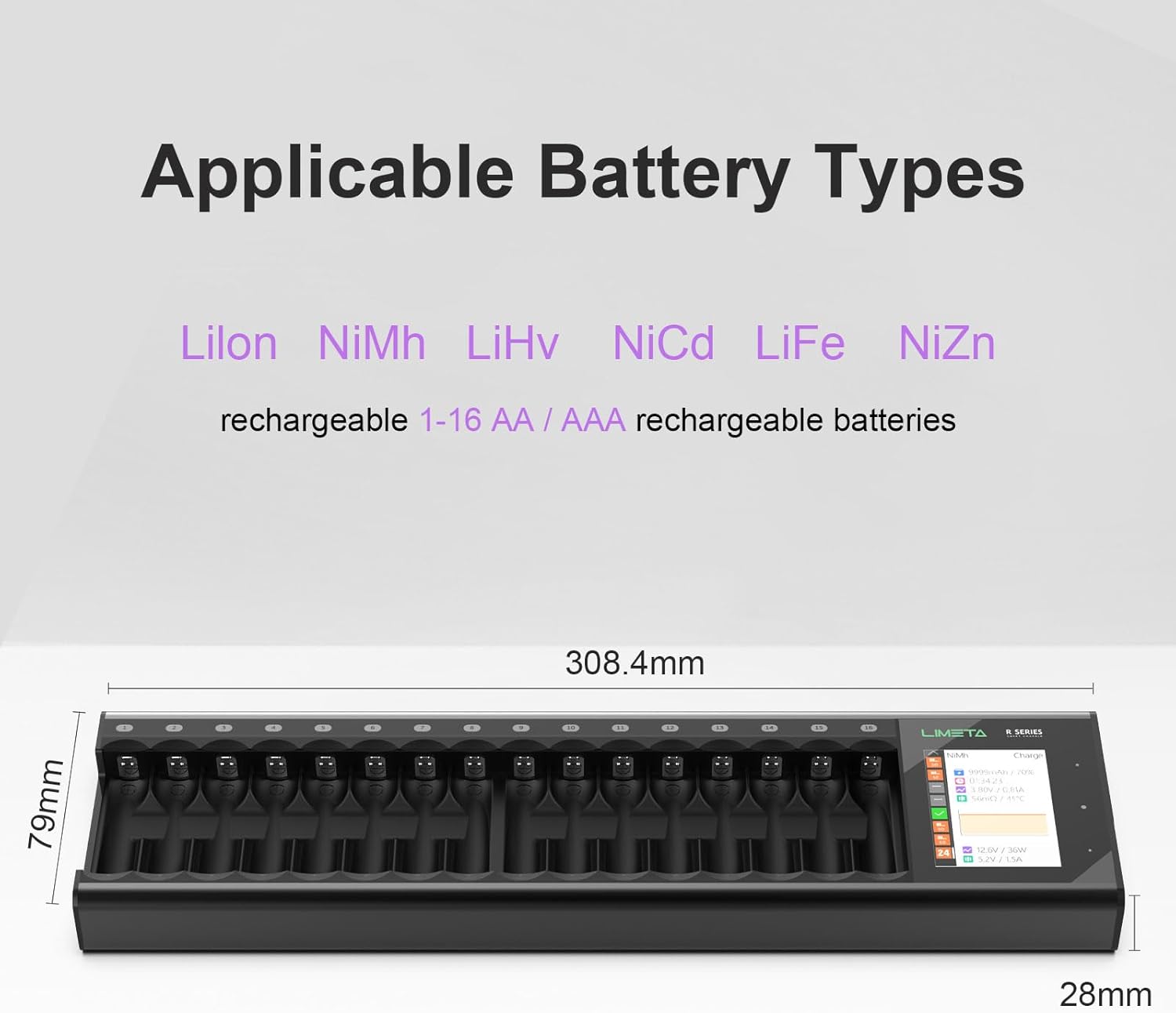 Cargador de batería AA AAA de 16 bahías, cargador de alta velocidad con función de descarga y pantalla LCD, para baterías recargables de iones de
