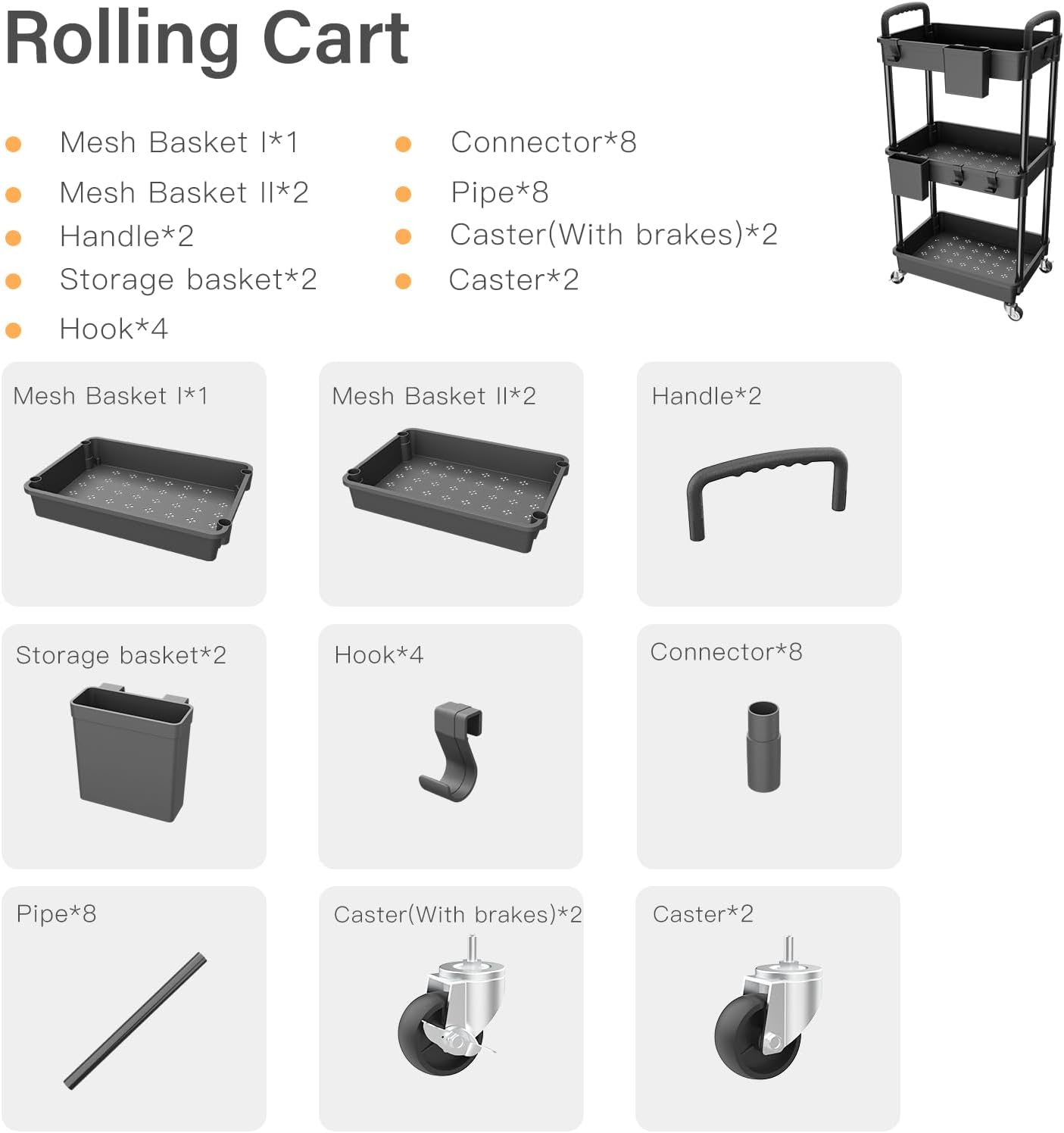 Carrito utilitario rodante de 3 niveles con asa, hecho de organizador de almacenamiento multifuncional, herramienta para cocina, baño, sala de