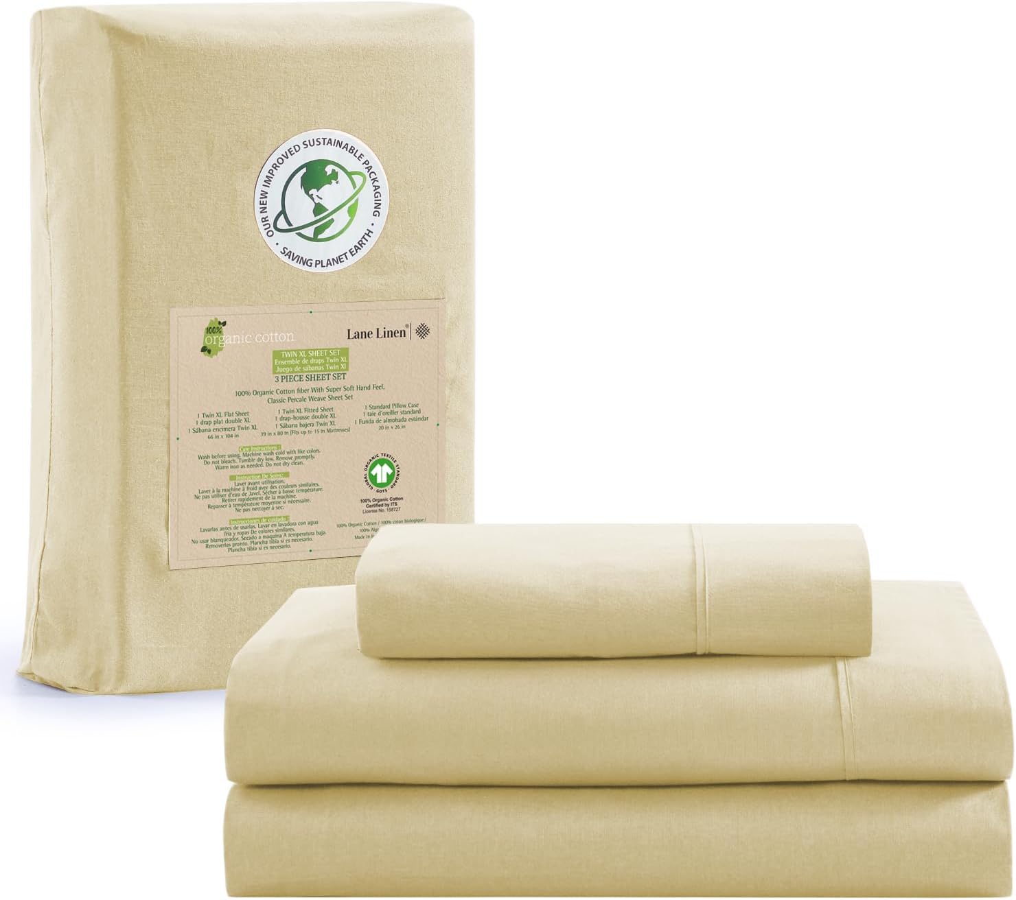 LANE LINEN – Juego de sábanas tamaño individual 100% algodón orgánico percal de fibras largas, 3 piezas, transpirable, para colchones de hasta 15