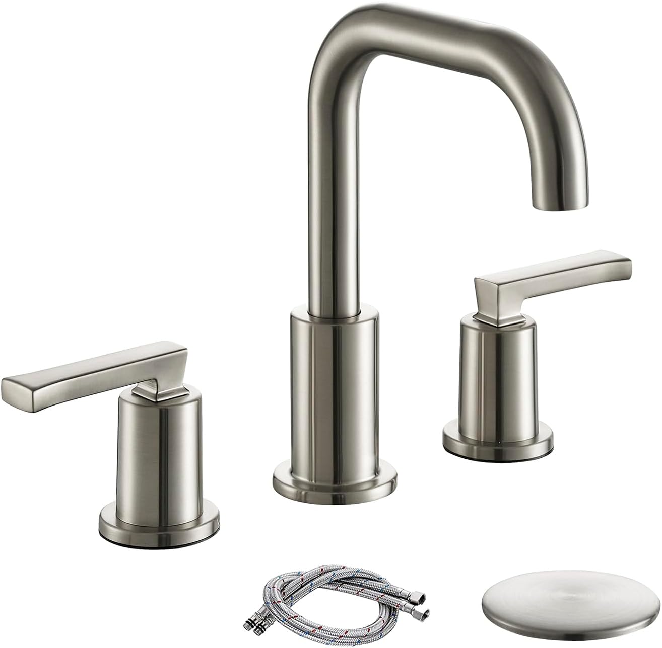 Grifo de baño de níquel cepillado de 8 pulgadas, moderno grifo de baño de dos manijas con drenaje desplegable y 2 líneas de suministro de agua,