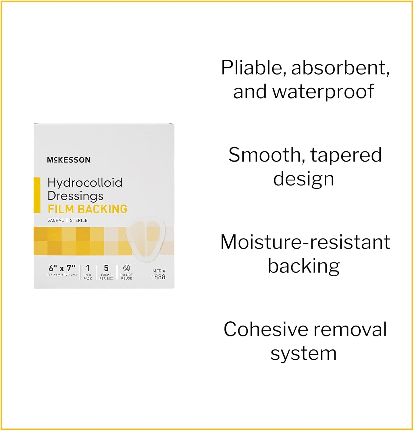 McKesson Apósito hidrocoloide, estéril, sacro, respaldo de película, 6 in x 7 in, 5 unidades, 1 paquete