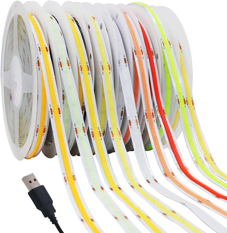Wisada Tira de luz LED COB azul de 16.4 ft, DC 5 V 320 LEDsM de alto brillo para uso en interiores, IP21, no impermeable, flexible, para