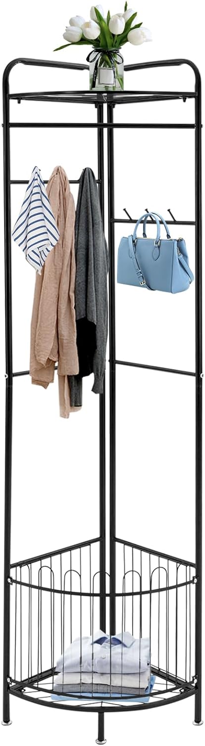 Perchero esquinero con almacenamiento y 6 ganchos de metal, soporte de esquina multifuncional para entrada o dormitorio con almohadillas redondas