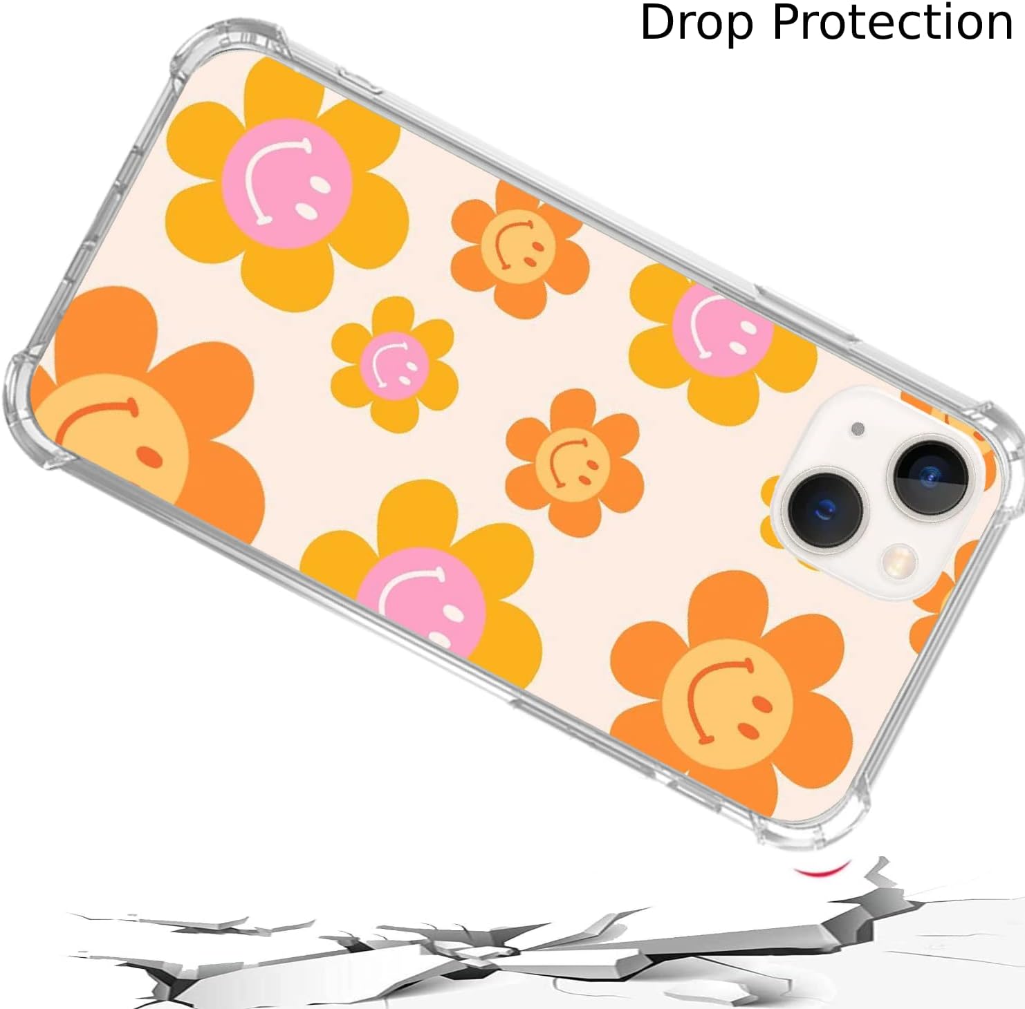 Indie Smile Face Flower Daisy Power Funda compatible con iPhone 15, Hippie Retro 90s Naranja Estética Funda para iPhone 15, diseño único de moda TPU