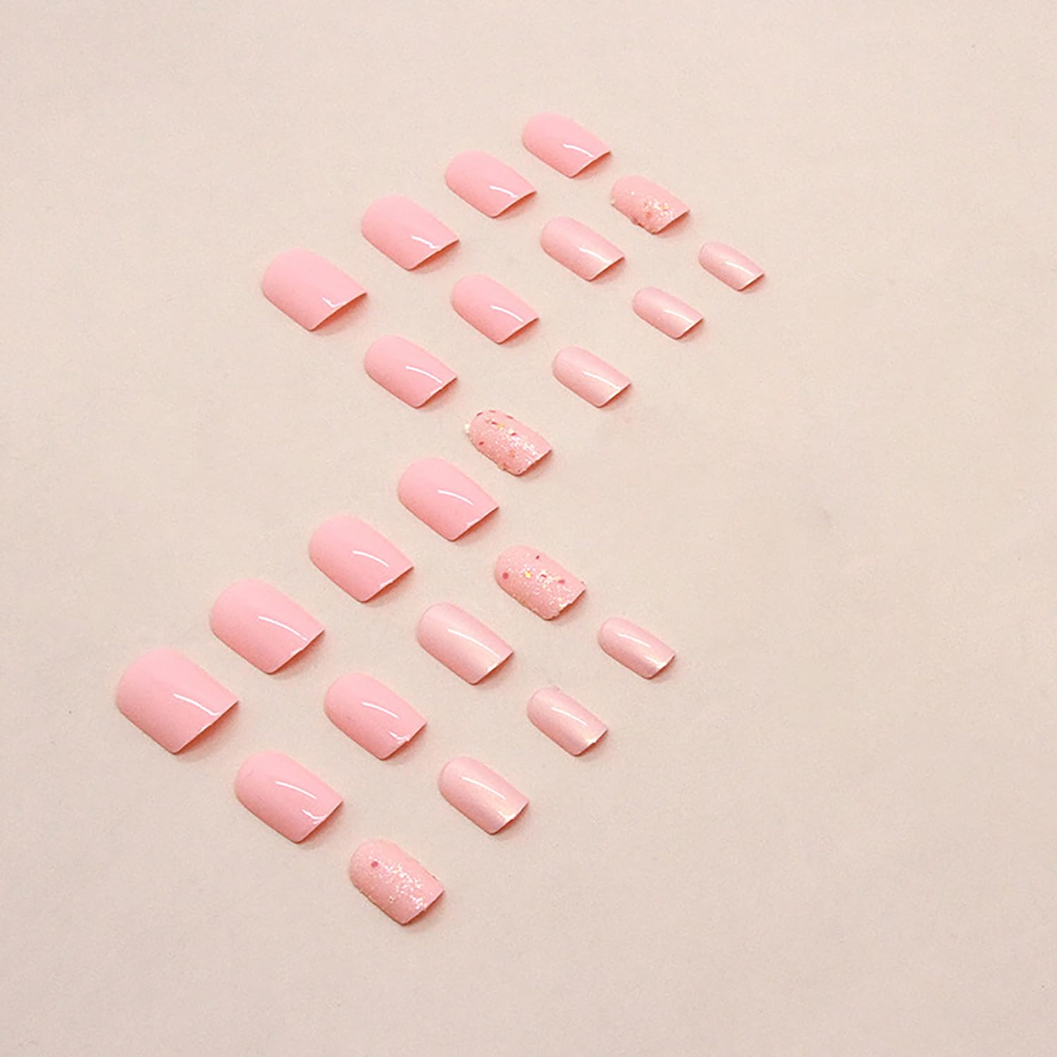 Uñas postizas a presión de color rosa, cuadradas, cortas, SWEKKE de cobertura completa, uñas postizas brillantes con purpurina y brillantes, uñas