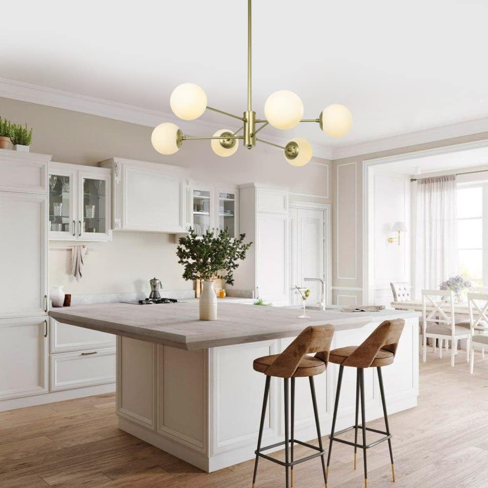 Candelabro de 6 luces doradas, lámpara moderna con pantalla de cristal de globo, lámpara de mediados de siglo para comedor, cocina y dormitorio